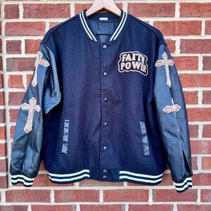 Faith Power Cross Varsity Jacket Med/LG Black Pleather Slashyouth